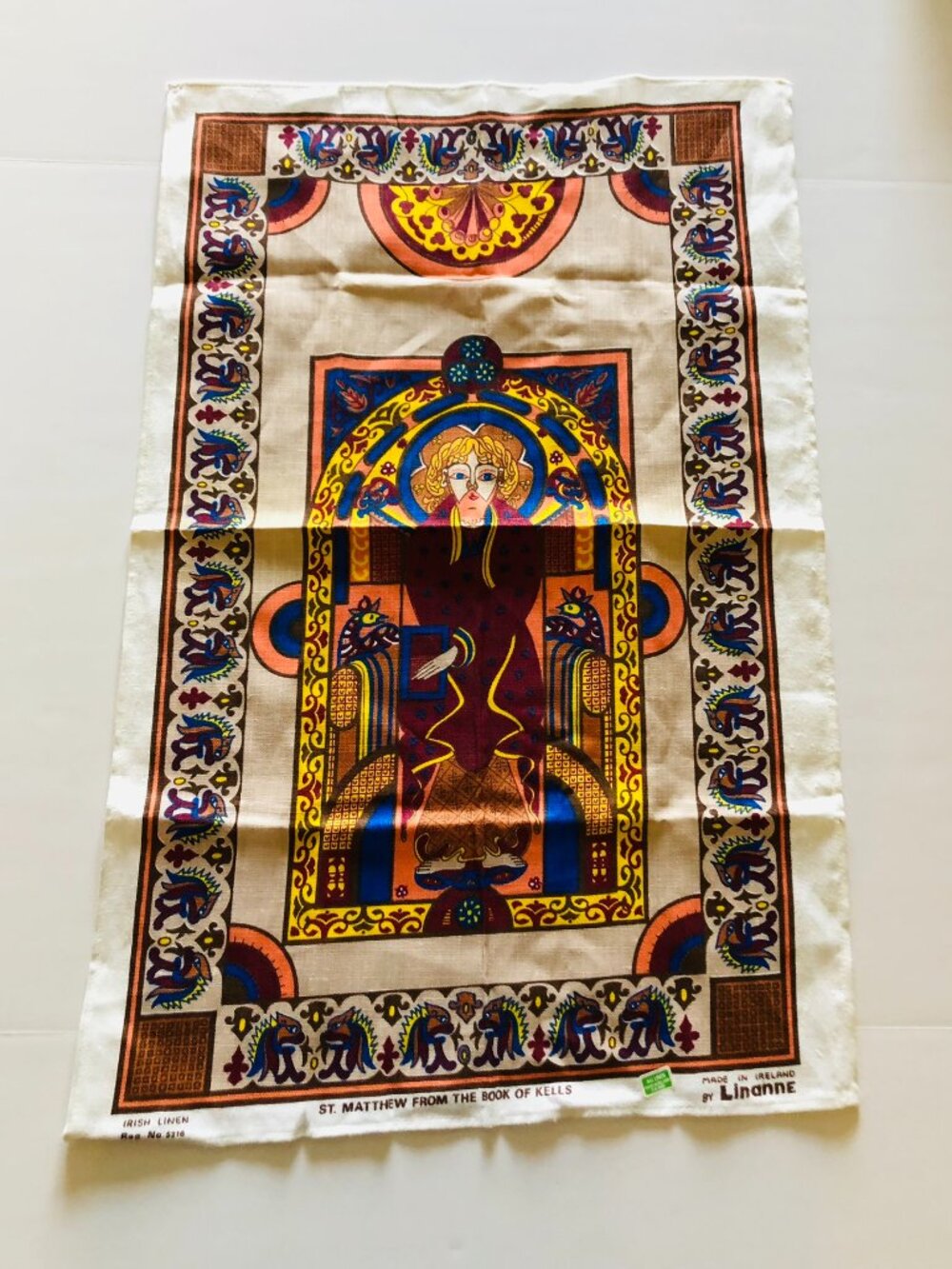 Vintage Irish Line Tea Towel St. Matthew from the Book of Kells Linanne New